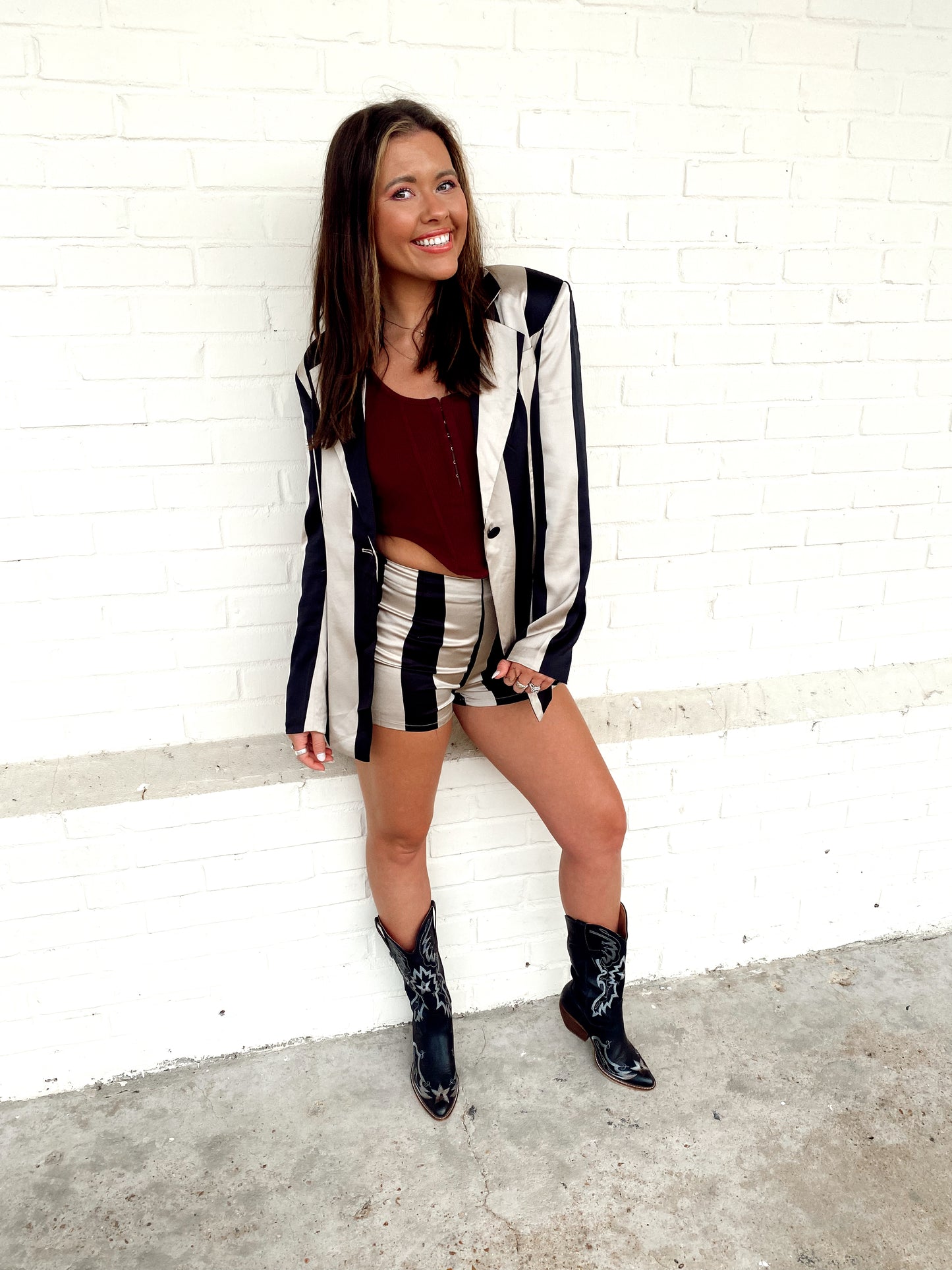Boss Babe Black/Taupe Stripe Jacket Short Set