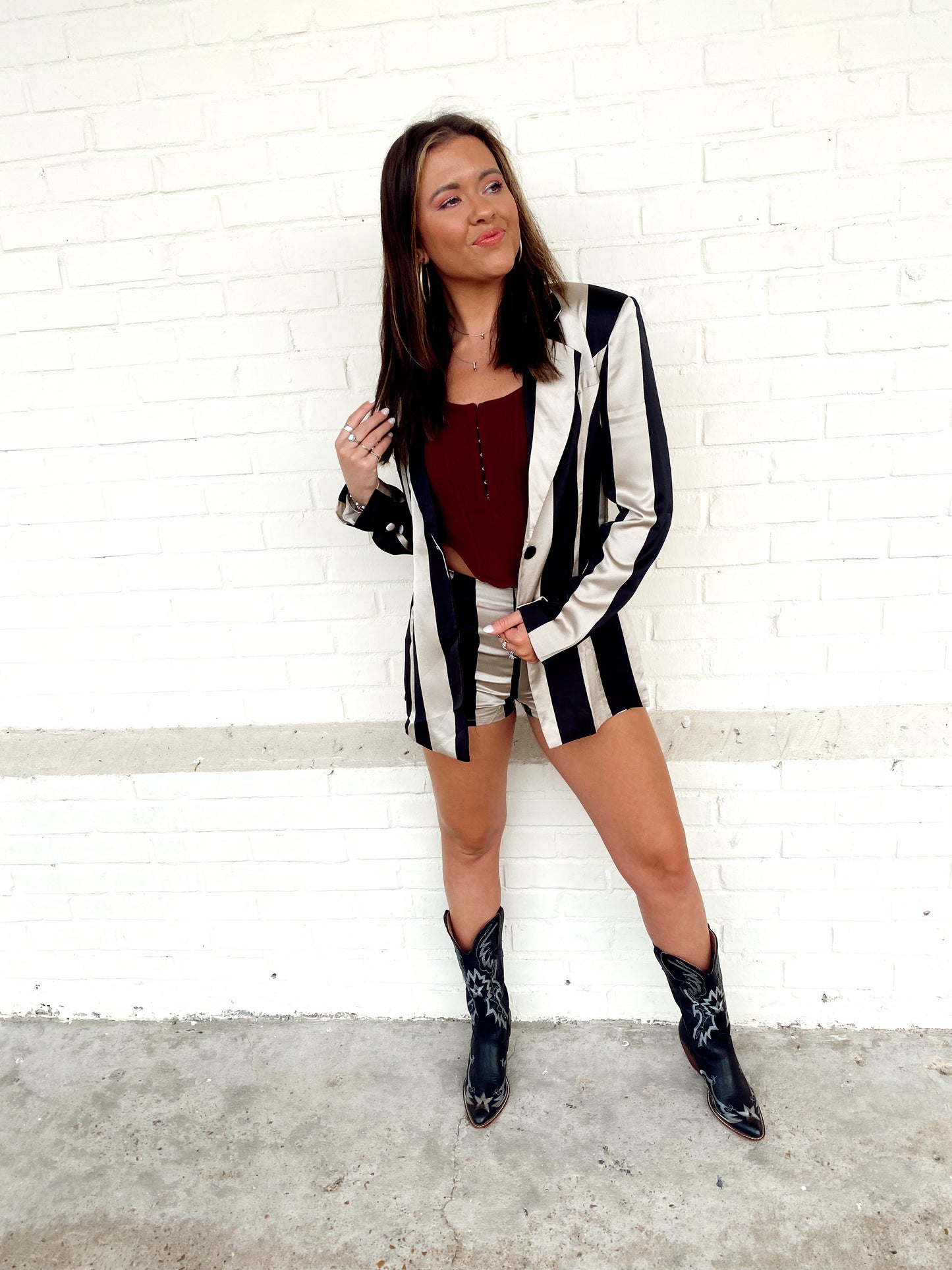 Boss Babe Black/Taupe Stripe Jacket Short Set