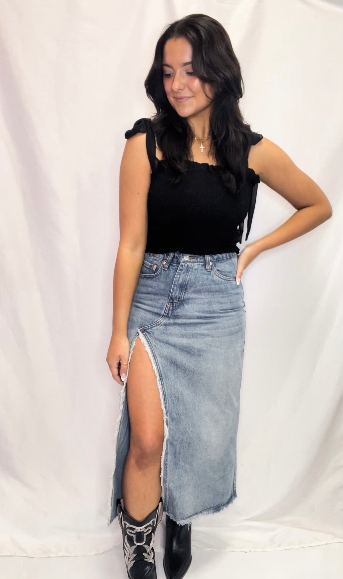 Unforgettable Crossover Midi Denim Skirt