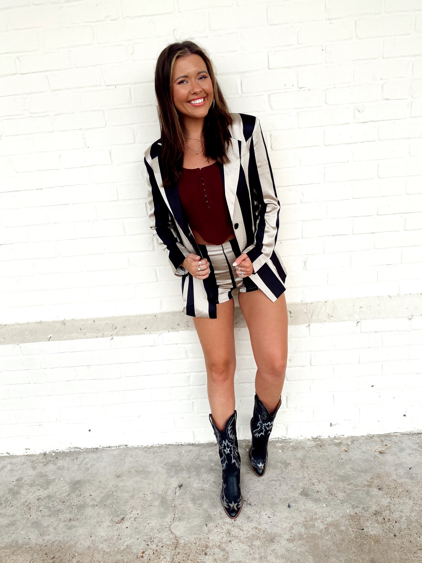 Boss Babe Black/Taupe Stripe Jacket Short Set