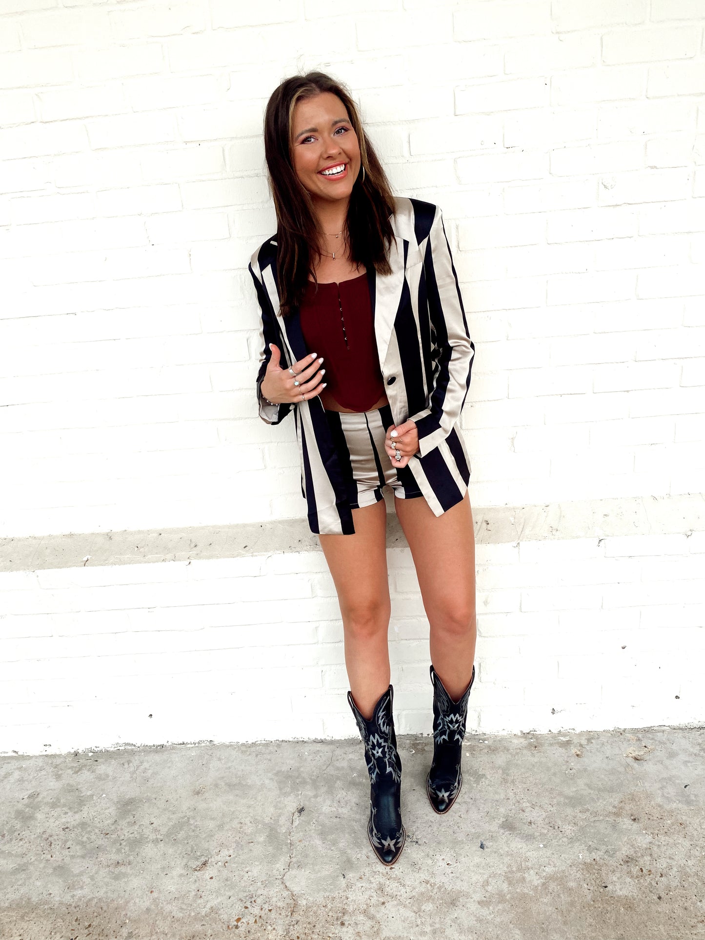 Boss Babe Black/Taupe Stripe Jacket Short Set