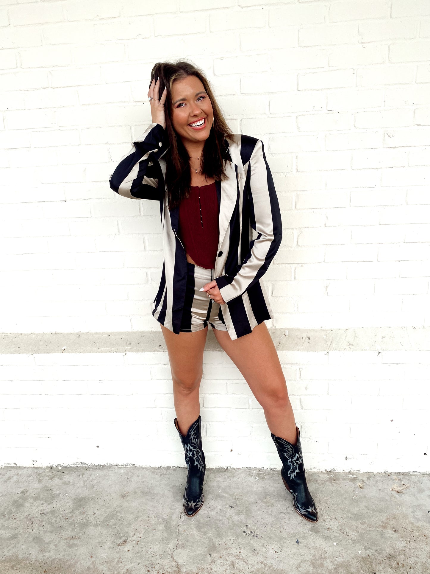 Boss Babe Black/Taupe Stripe Jacket Short Set