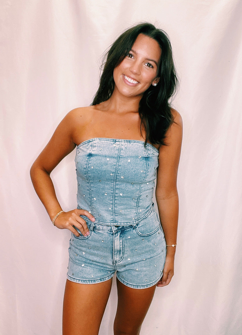 Here To Shine Rhinestone Denim Set