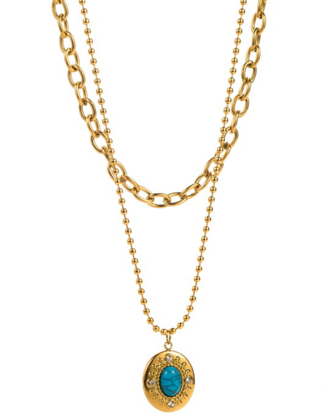 Stainless Steel Layered Turquoise Rhinestone Pendant Necklace