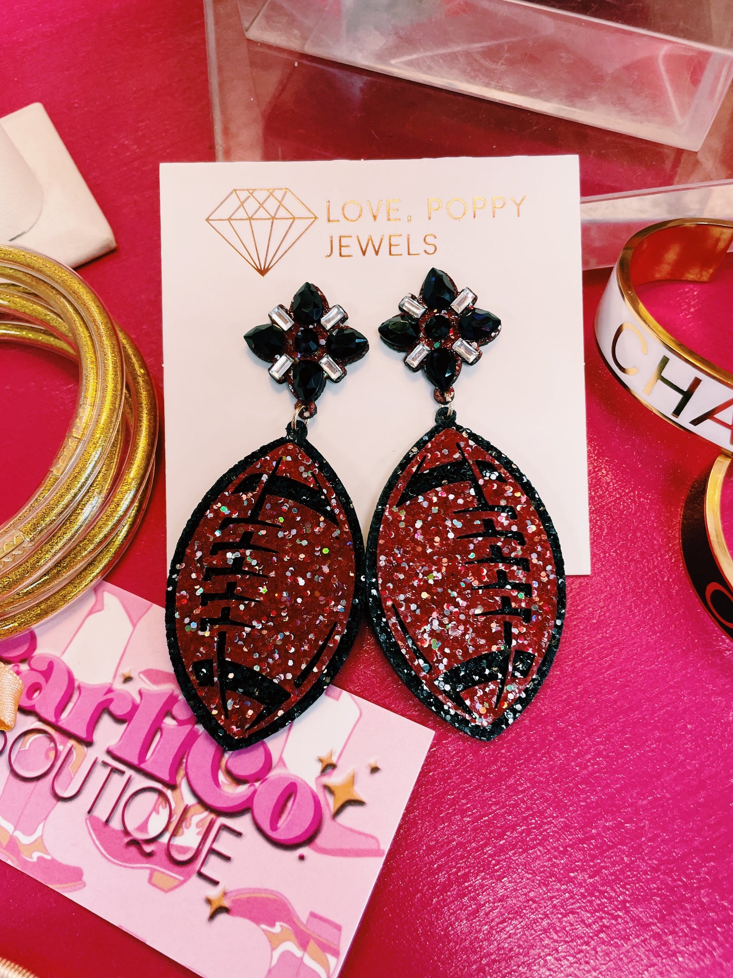 Maroon Glitter Football Earrings
