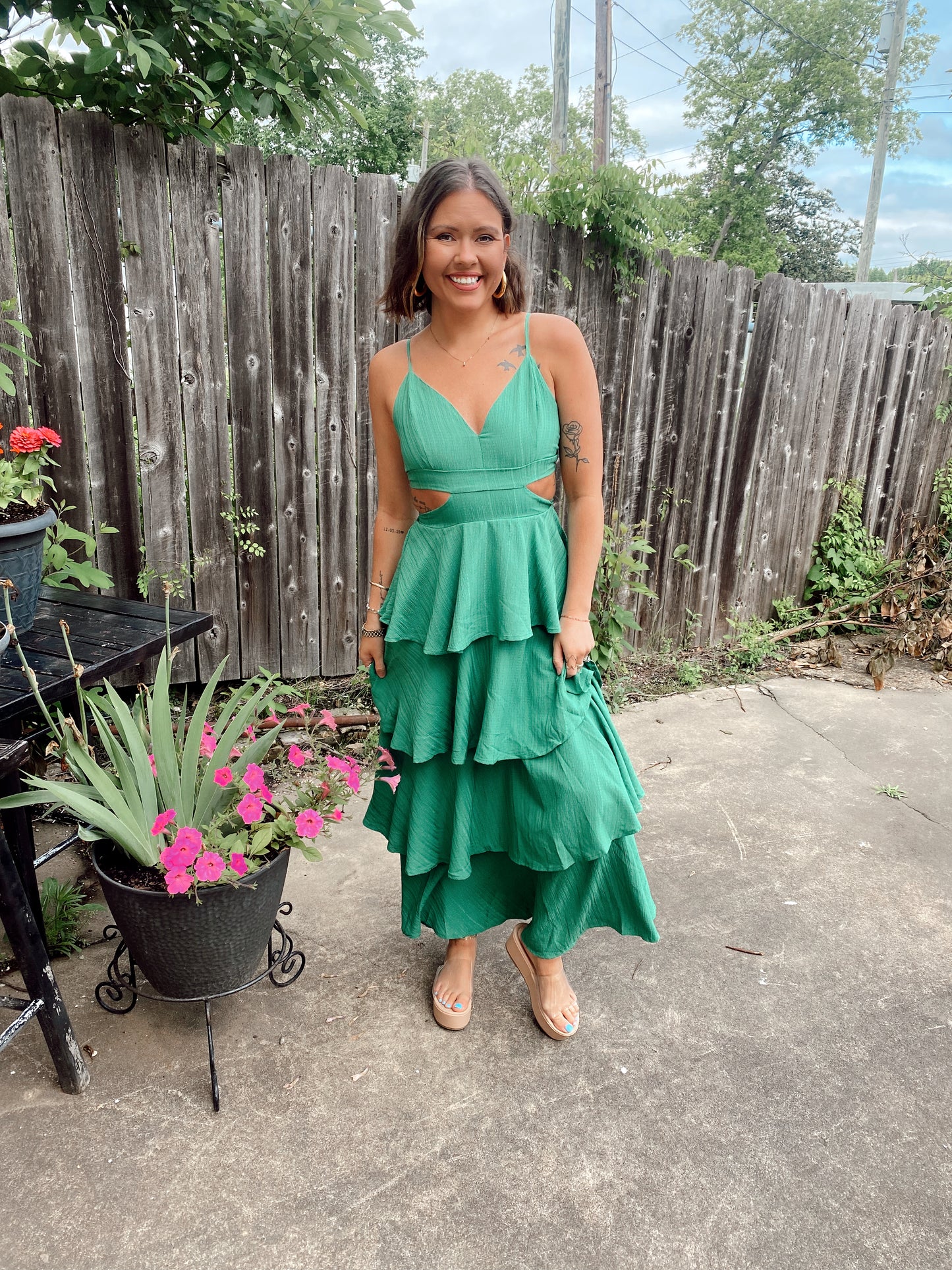 Chasing Sunsets Green Cut Out Ruffle Dress
