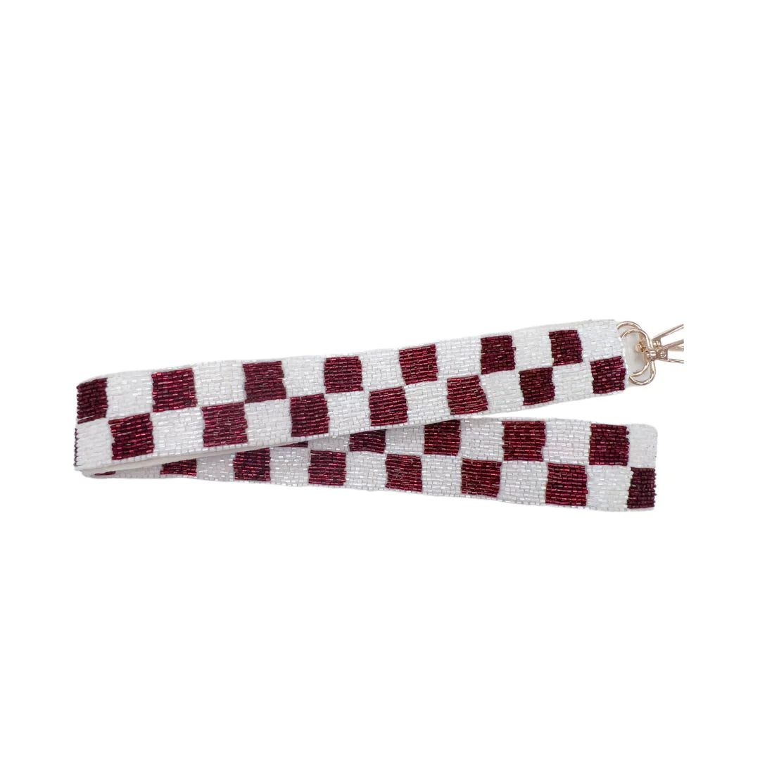 Maroon/White Checkered Beaded Purse Strap