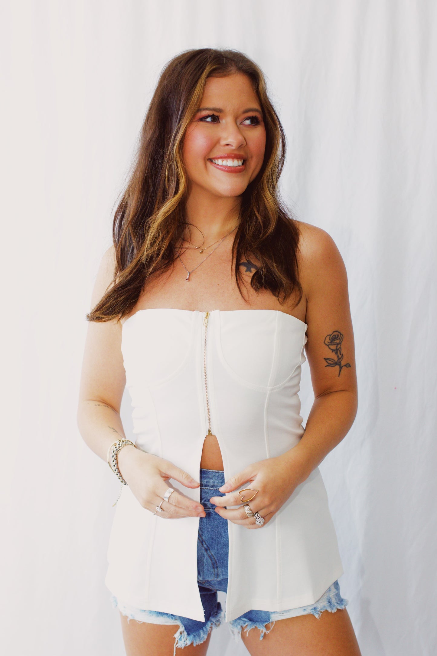 Make You Miss Me White Tube Top With Zipper Detail