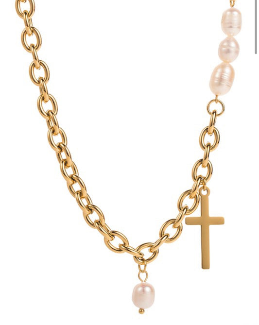 Stainless Steel Pearl Cross Necklace