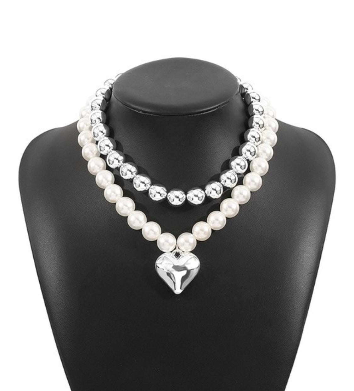 Layered Pearl Beaded Heart Pendant Necklace