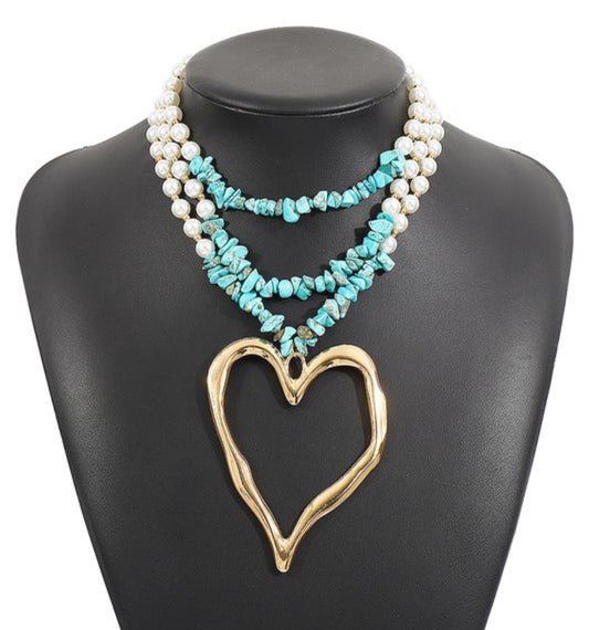 Layered Pearl Turquoise Heart Pendant Necklace