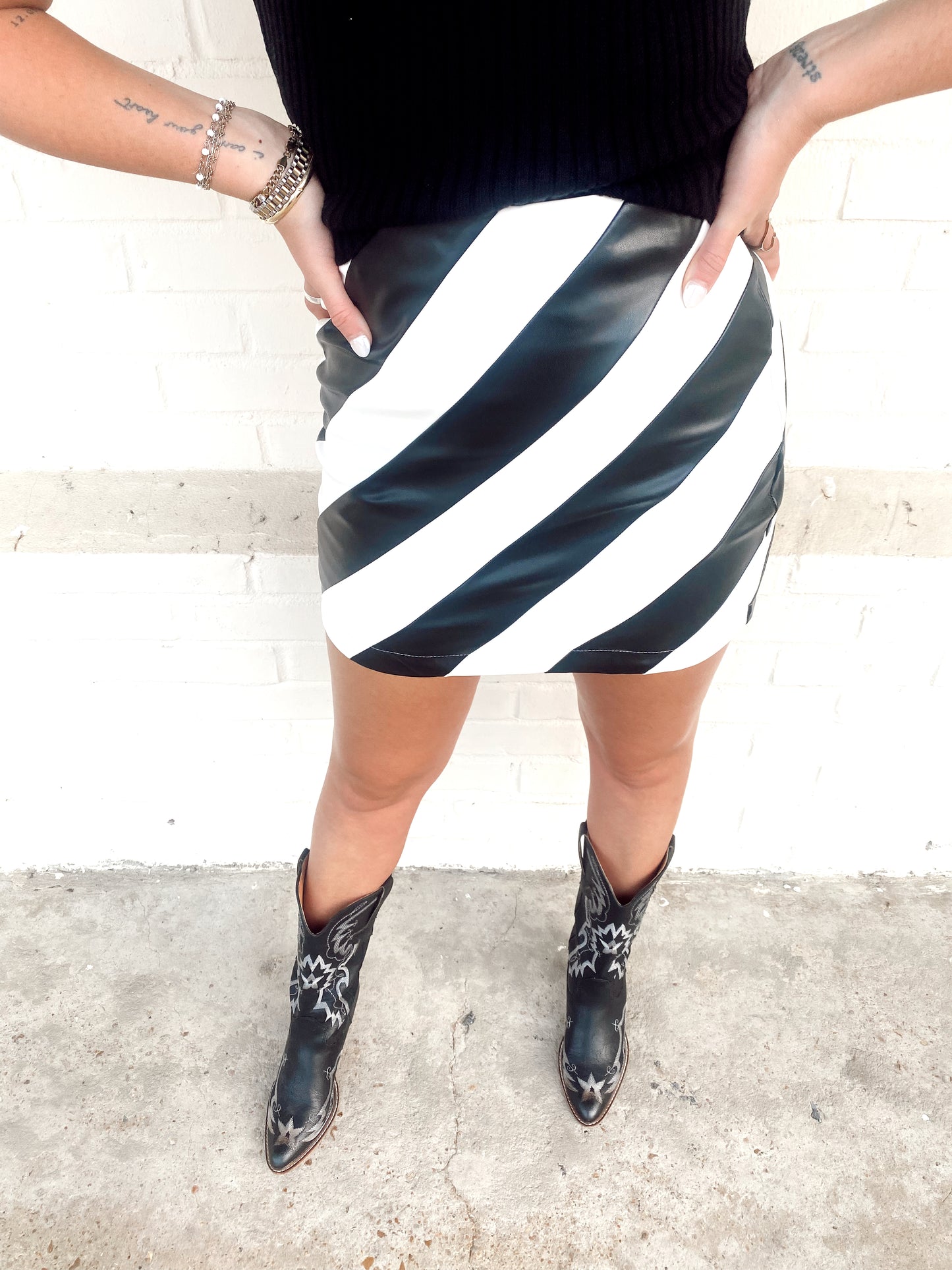 Going Out Black/White Stripe Faux Leather Skirt