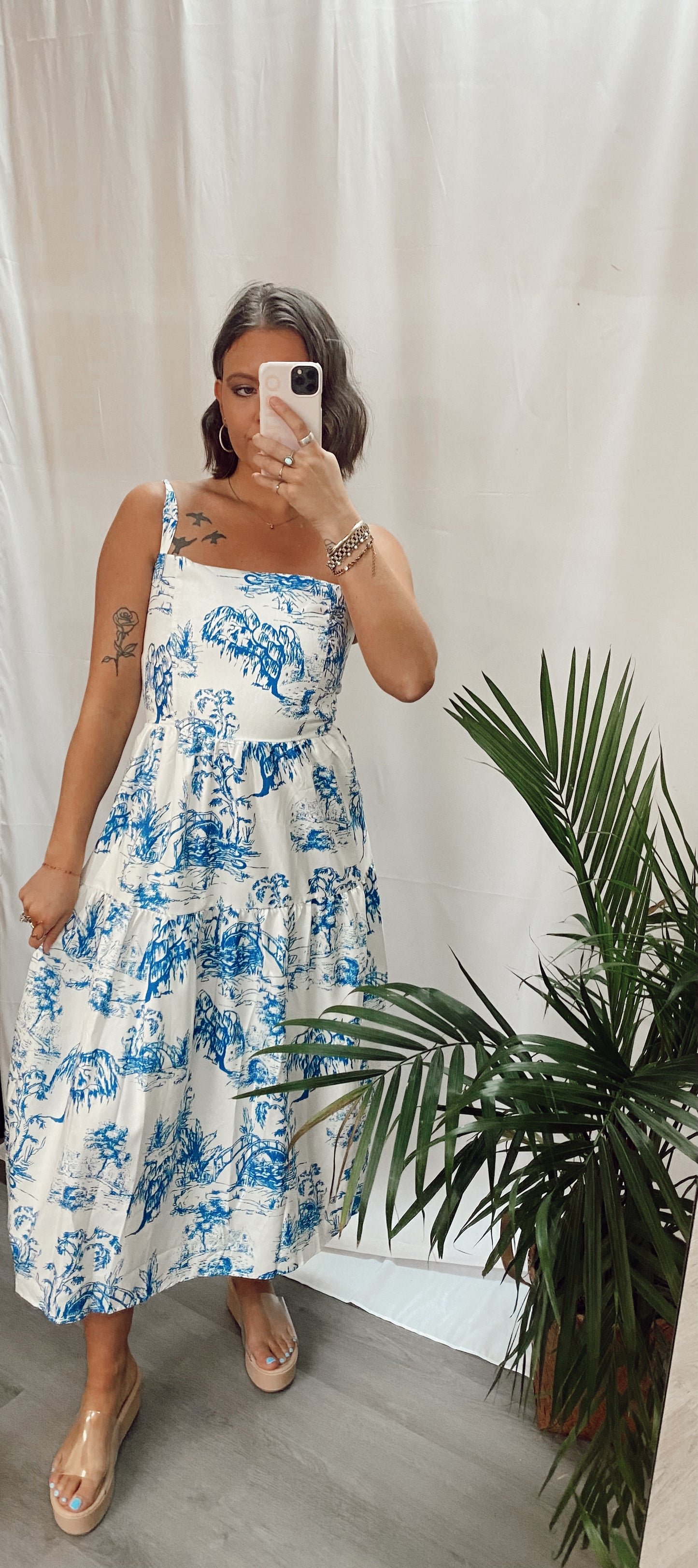 Cloud Nine Blue/White Midi Bow Back Dress