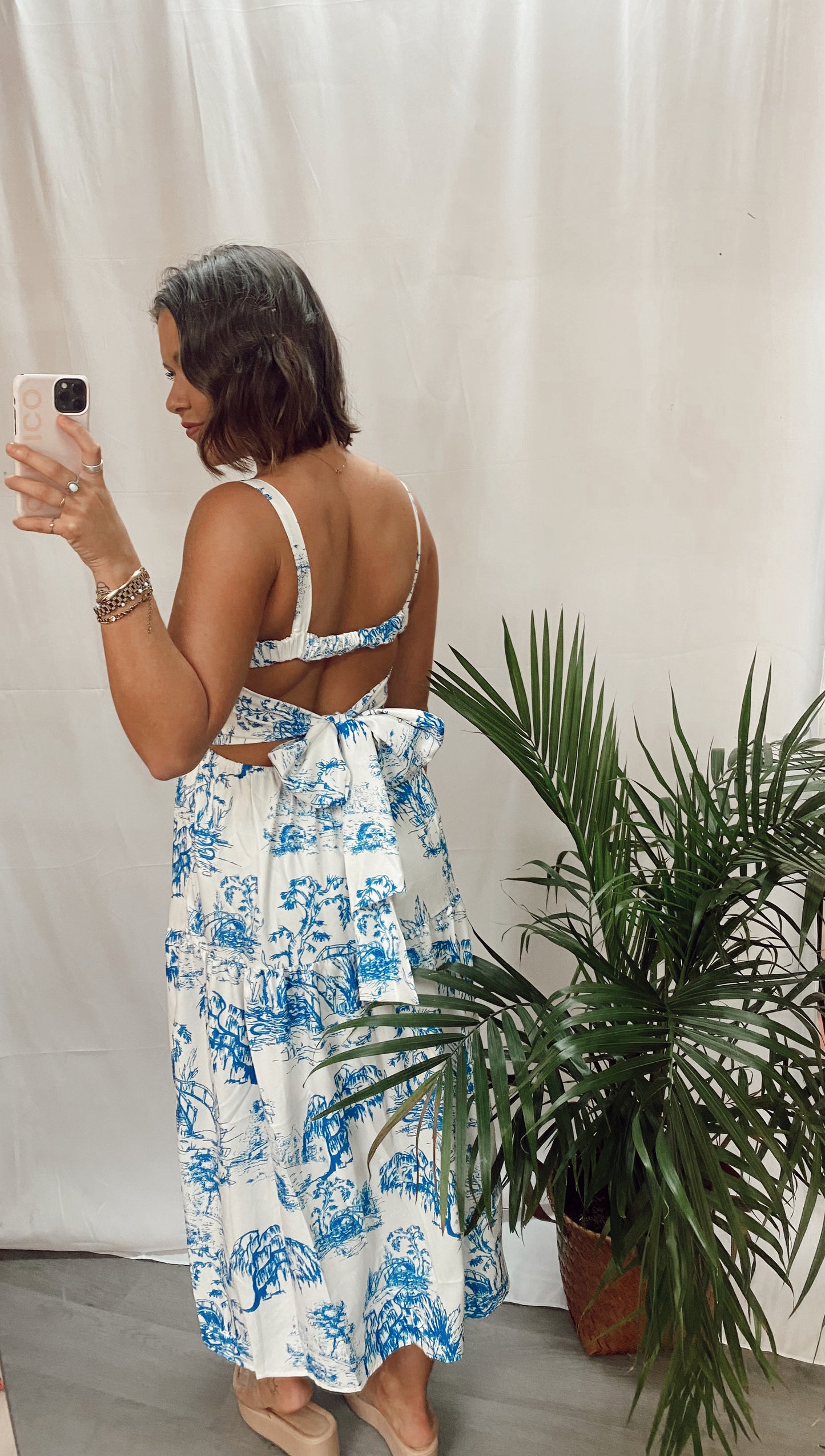 Cloud Nine Blue/White Midi Bow Back Dress