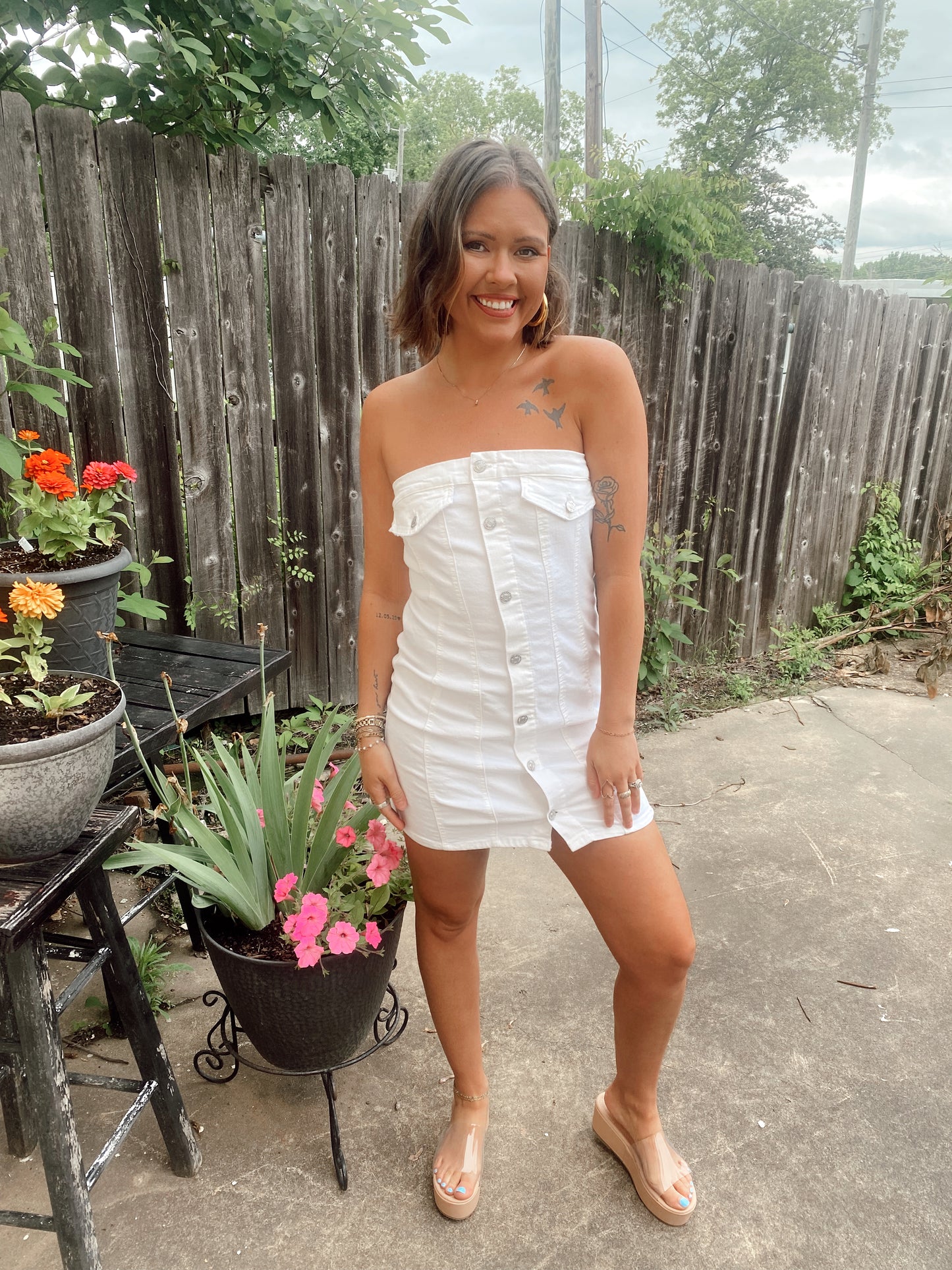 Concert Ready White Denim Strapless Dress