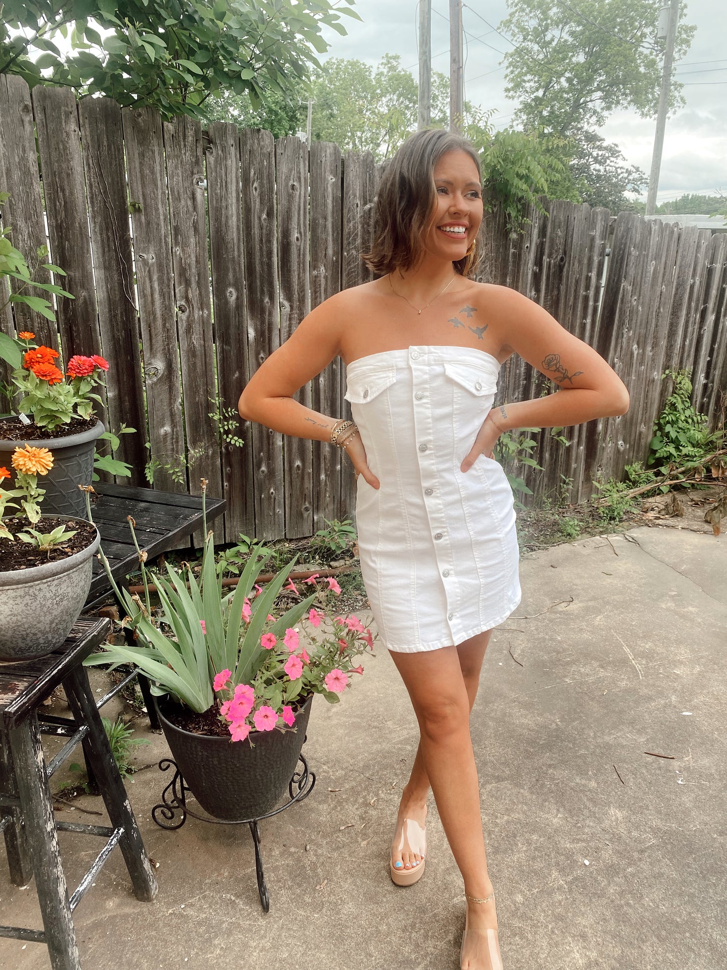 Concert Ready White Denim Strapless Dress