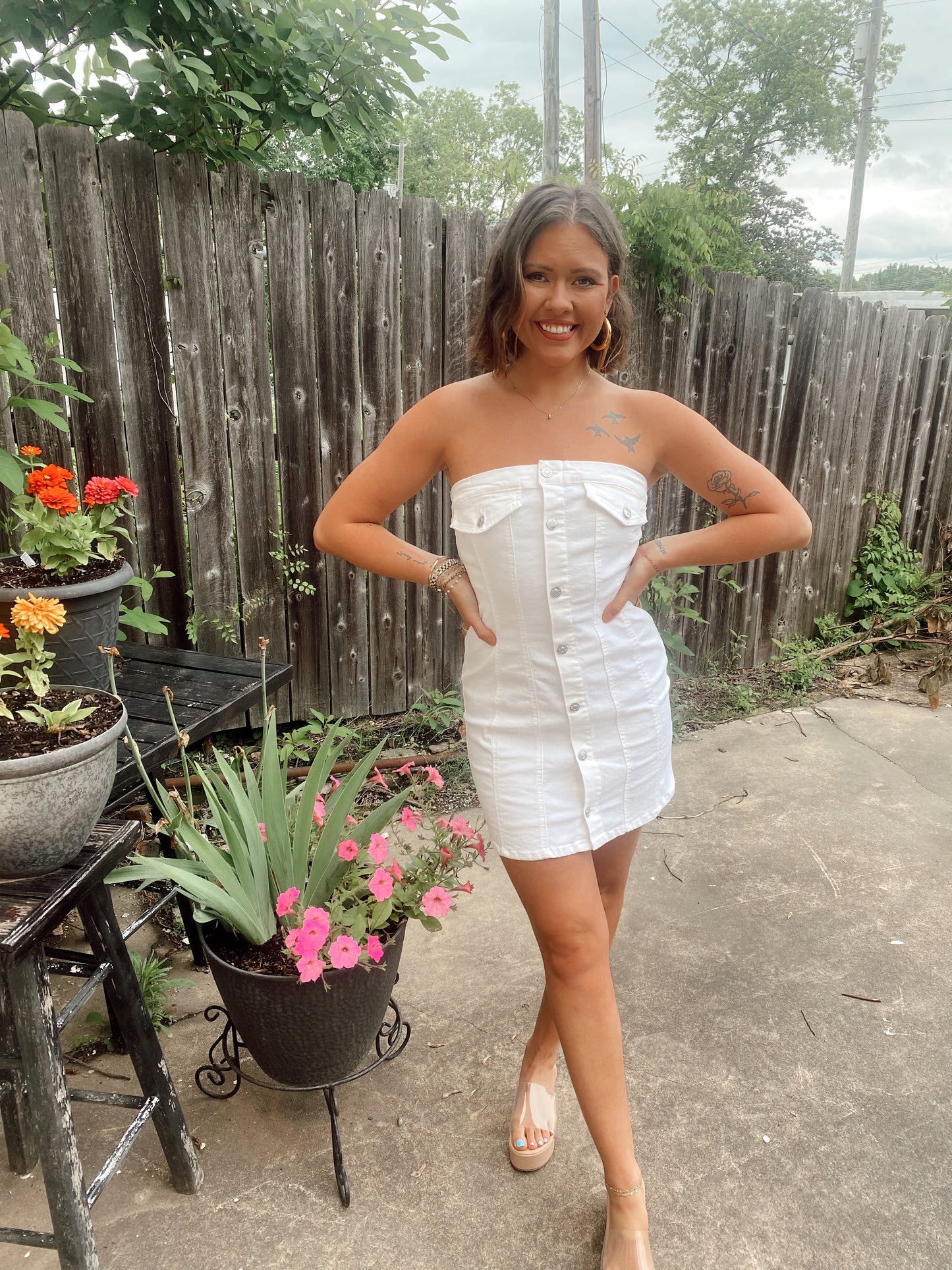 Concert Ready White Denim Strapless Dress