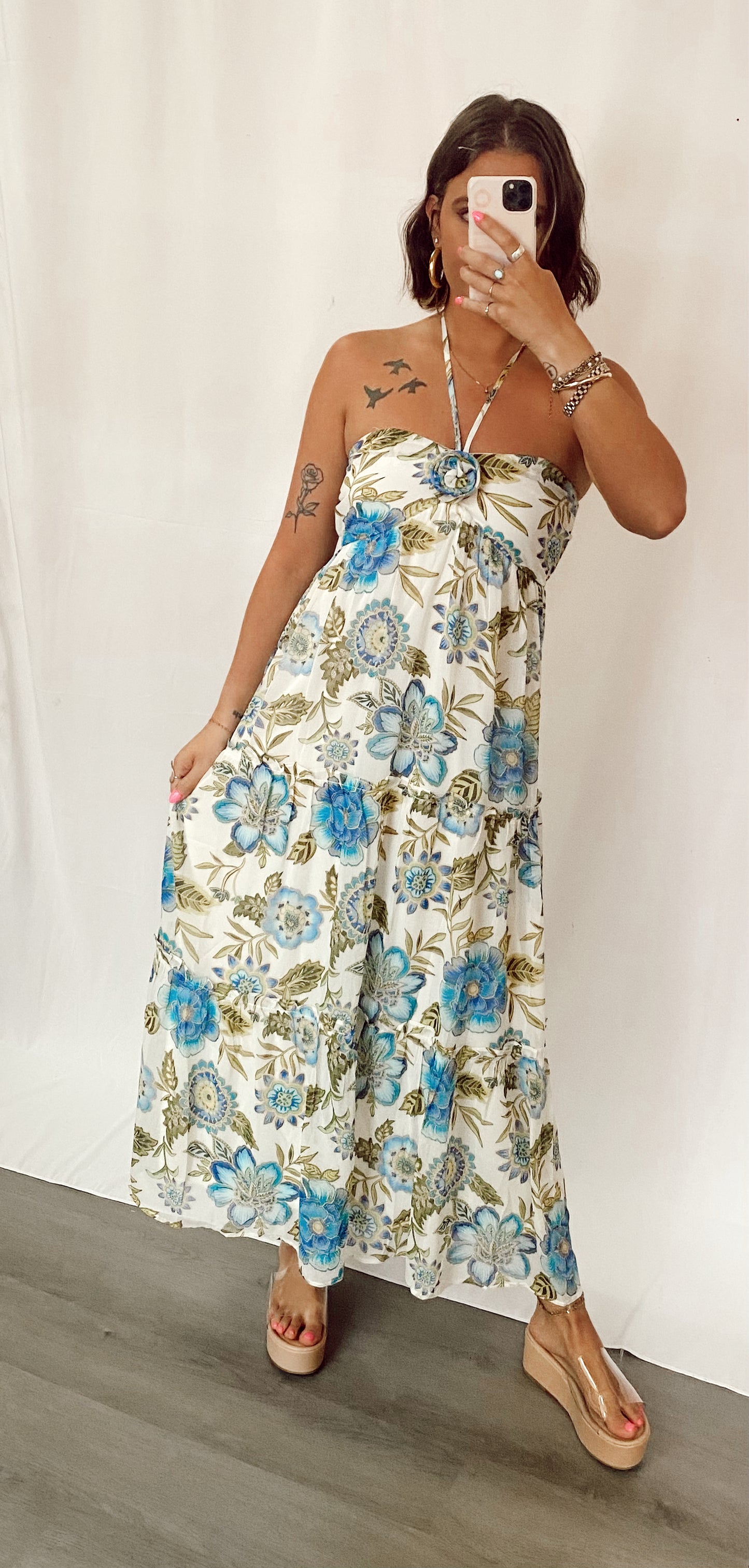 Island Girl Ivory/Blue Rosette Halter Maxi Dress