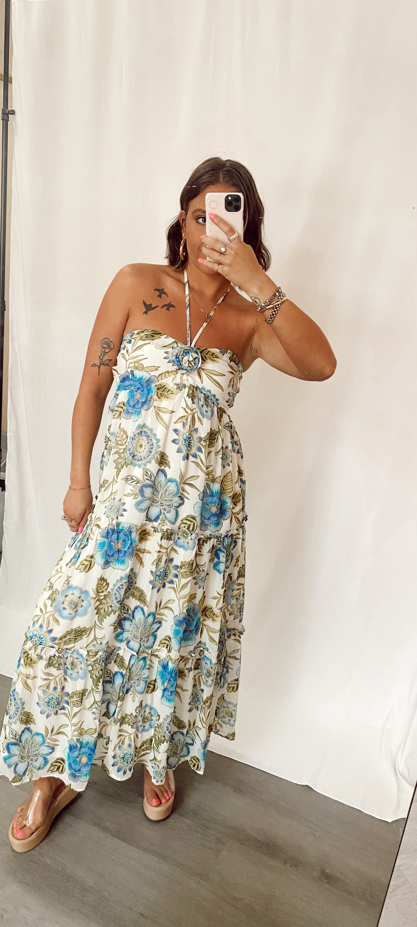 Island Girl Ivory/Blue Rosette Halter Maxi Dress