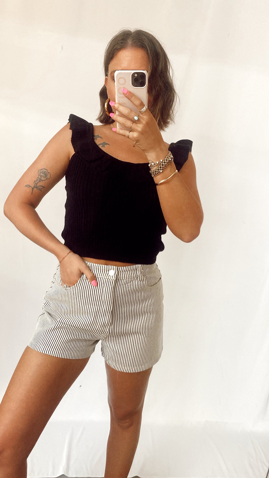 Not Too Late Cream/Black Stripe Denim Shorts