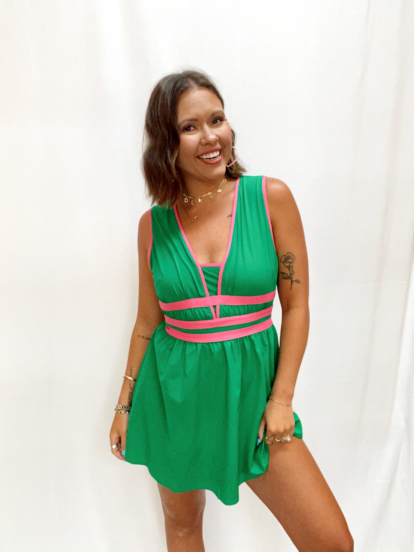 Vacation Mode Kelly Green & Pink Dress