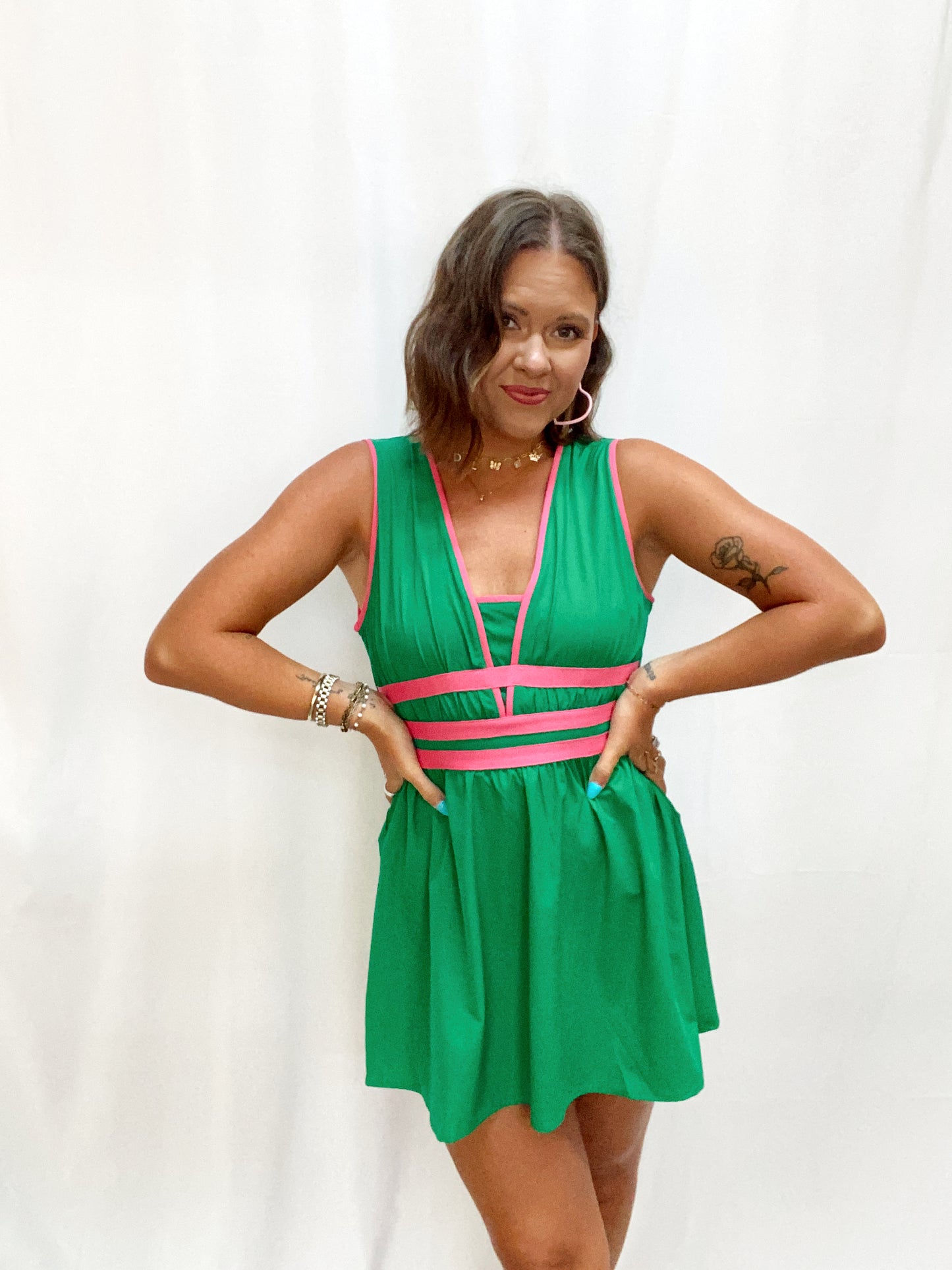 Vacation Mode Kelly Green & Pink Dress