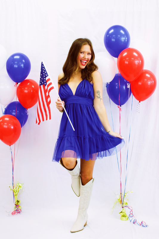 American Babe Royal Blue Halter Dress