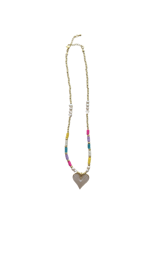 Pearl + Gold Multicolor Enamel Heart Necklace