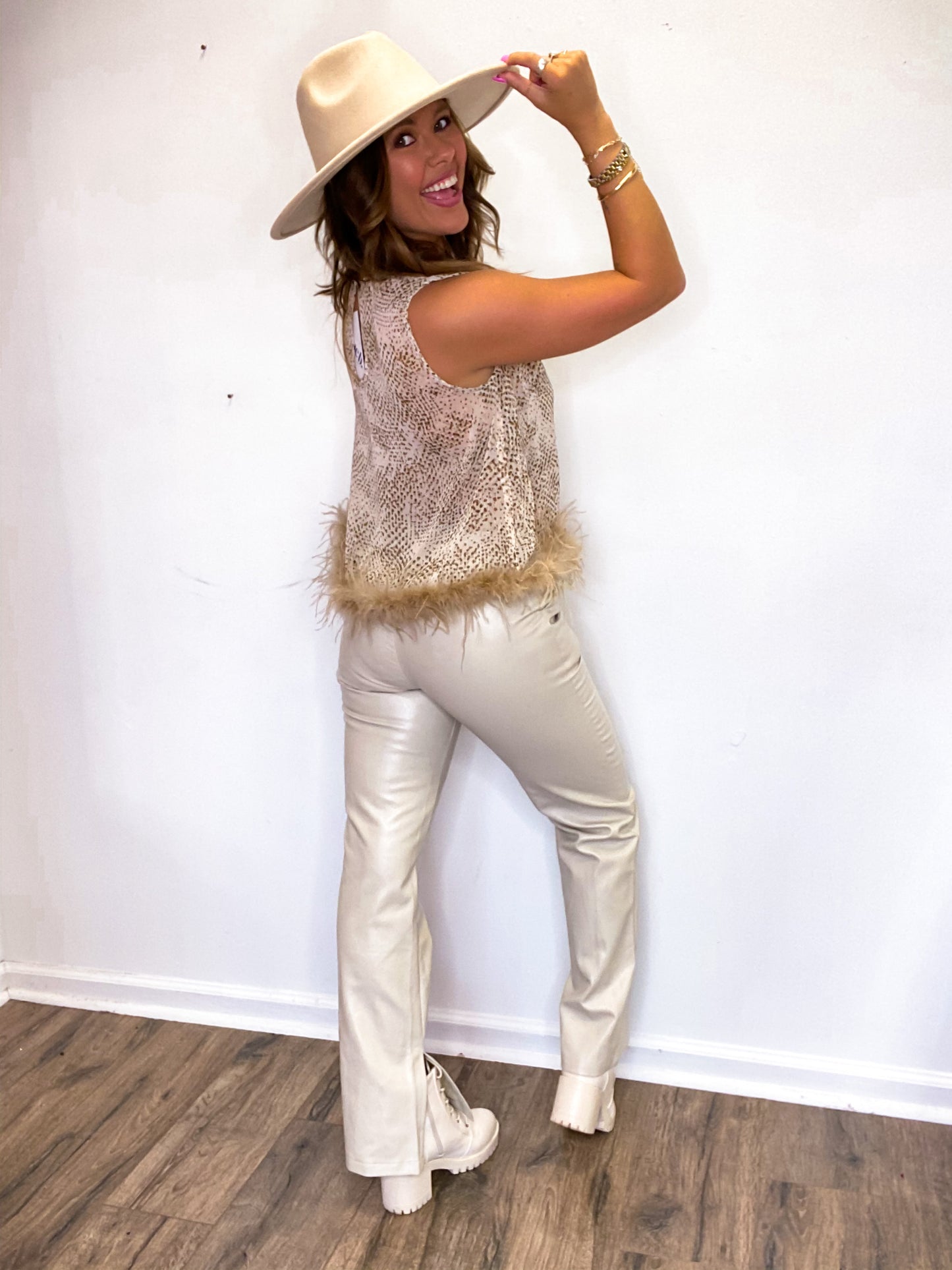 Yes Please Cream Low Waist Faux Leather Pants